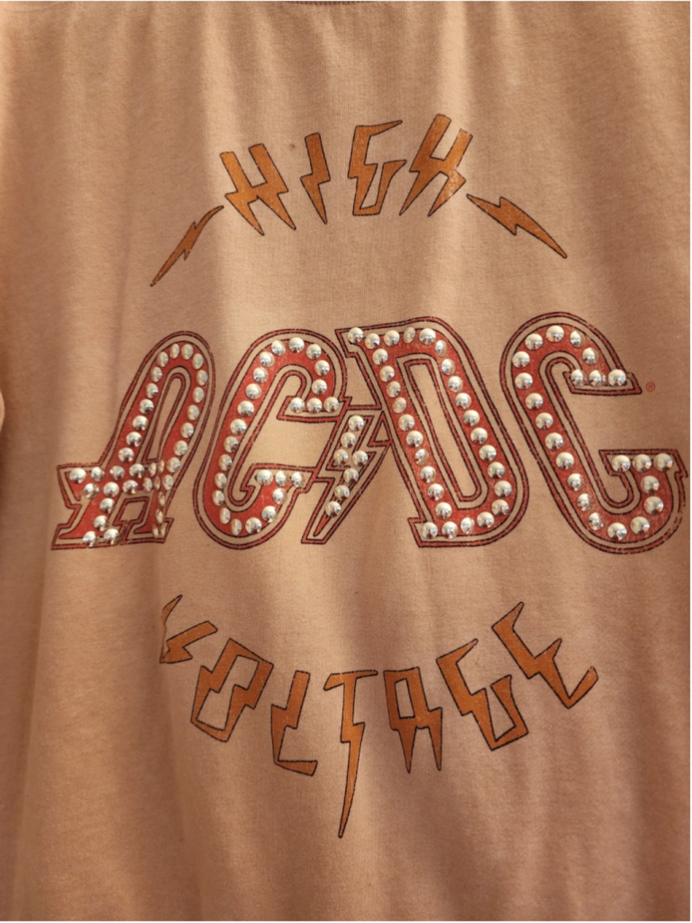ACDC High Voltage Studded Graphic Crewneck Sweatshirt Large Pink Beige
